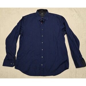 Bugatchi Uomo Mens Button Shirt Blue Black Check Large Cotton Long Sleeve Collar